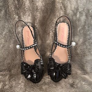 Betsey Johnson Black Heels with Bow and Pearl Detail